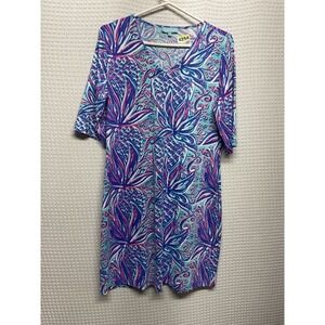 Anthonys Resort Wear Dress Size Medium BluPink 3/4 Sleeve Stretch Beach Tropical